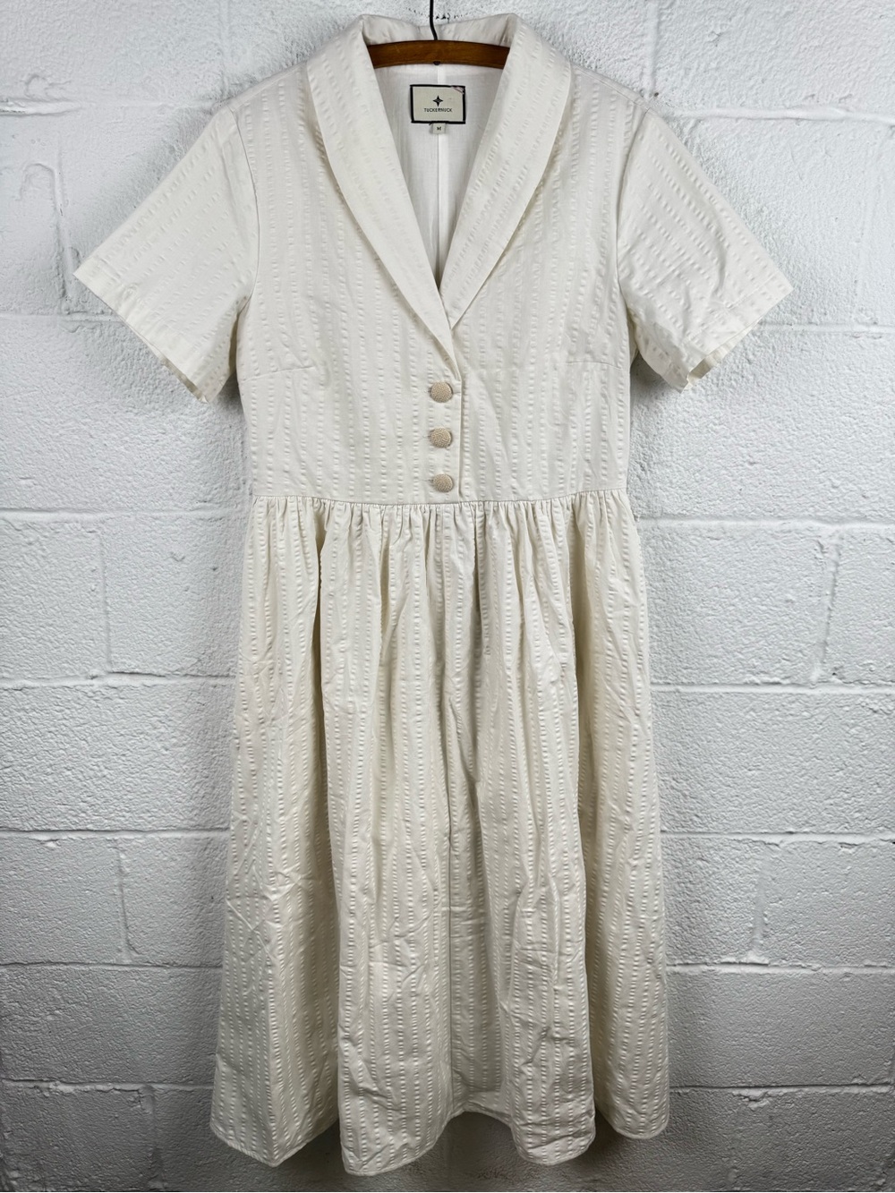 Tuckernuck White Seersucker Shawl Collar Adelaide Midi Dress Cotton Size M - Picture 4 of 9